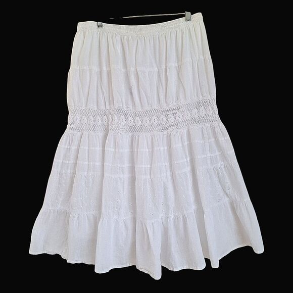 Kim Rogers Boho Skirt Prairie White Tier Skirt Crochet Eyelets Lined Pull On PL - Picture 2 of 14